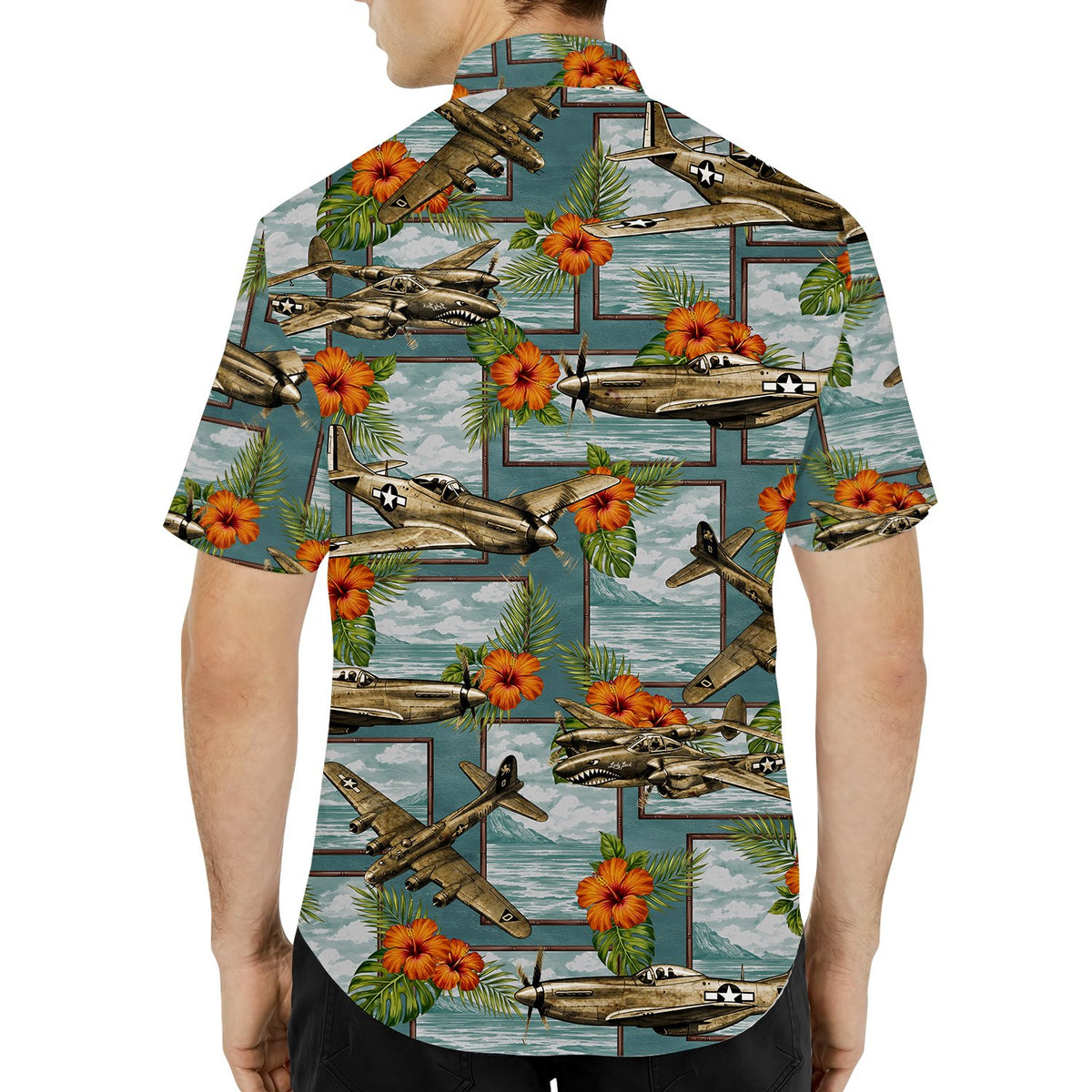 Third lifestyle view showcasing the tropical vintage airplane hawaiian shirt