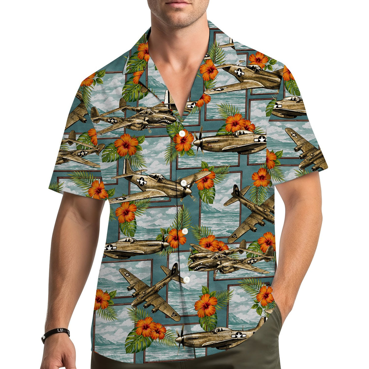 Lifestyle view of adult wearing matching family hawaiian shirts in aviation design