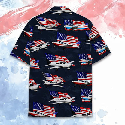 Another back view of the aviation and flag print hawaiian shirt