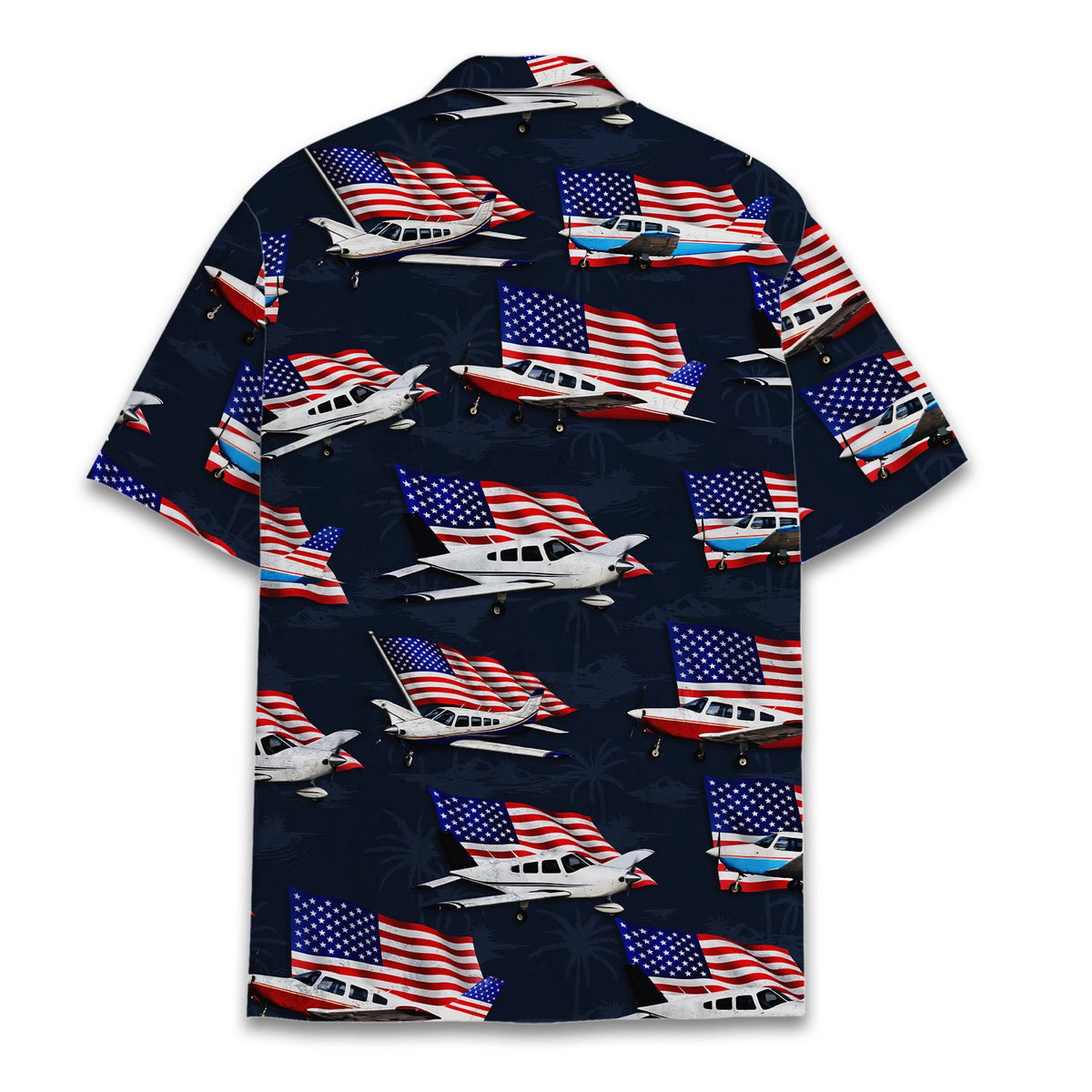Back view of the patriotic navy blue hawaiian shirt