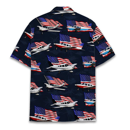 Back view of the patriotic navy blue hawaiian shirt