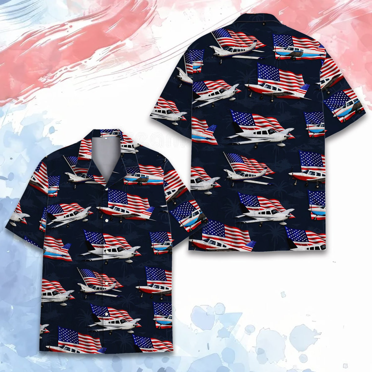 Another front view of the navy matching family hawaiian shirt