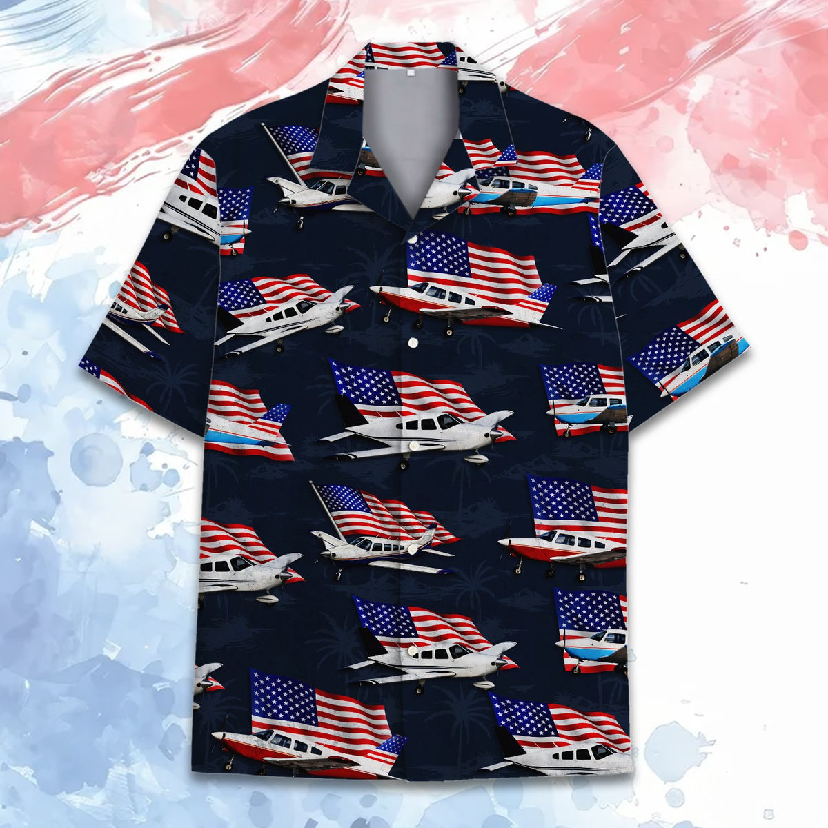Detailed front view of the aviation-themed hawaiian shirt collar and buttons
