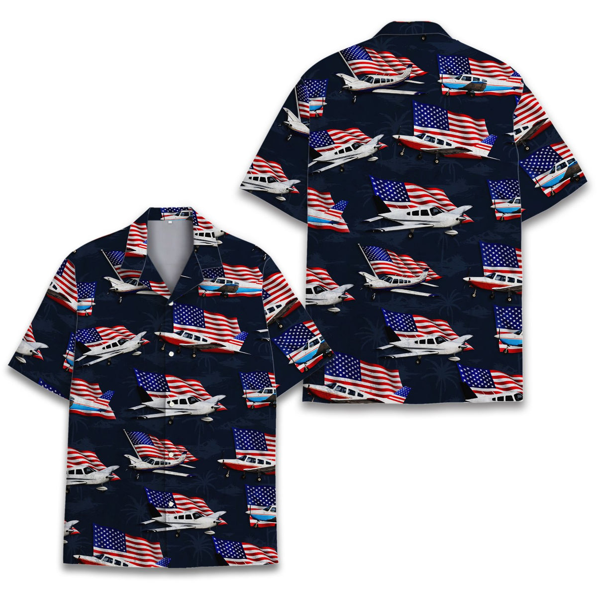 Main view of the navy blue aviation hawaiian shirt featuring airplanes and American flags