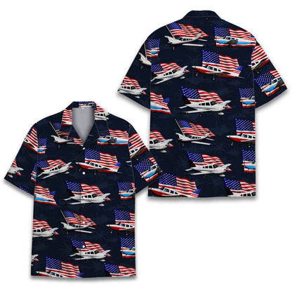 Front view of the airplane and American flag pattern hawaiian shirt