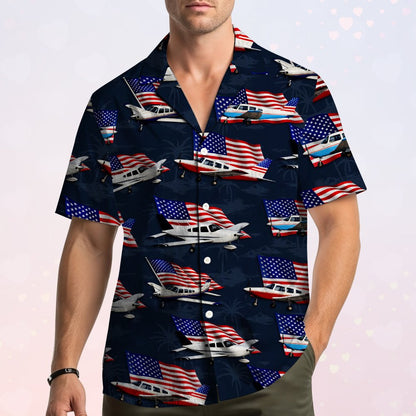 Second lifestyle view displaying the navy blue aviation hawaiian shirt in a casual setting