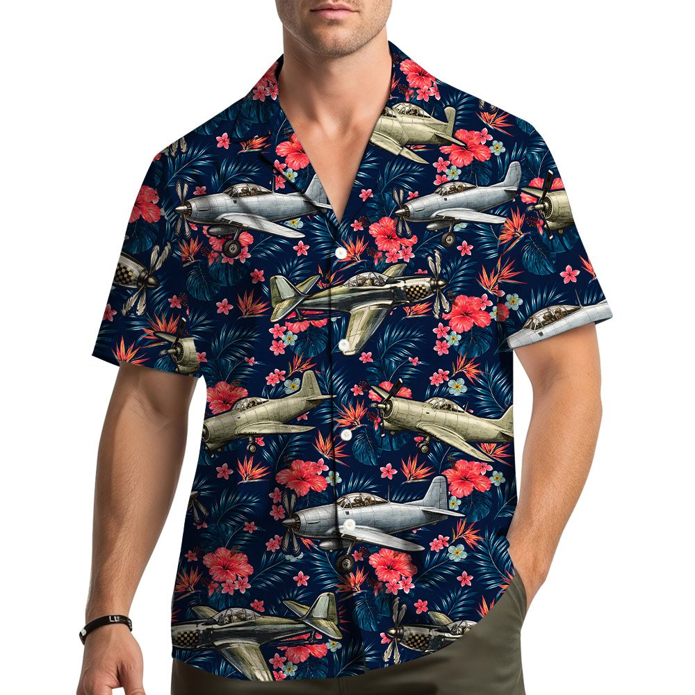 Aviation tropical hawaiian shirt with vintage airplanes and pink hibiscus on navy blue, main view