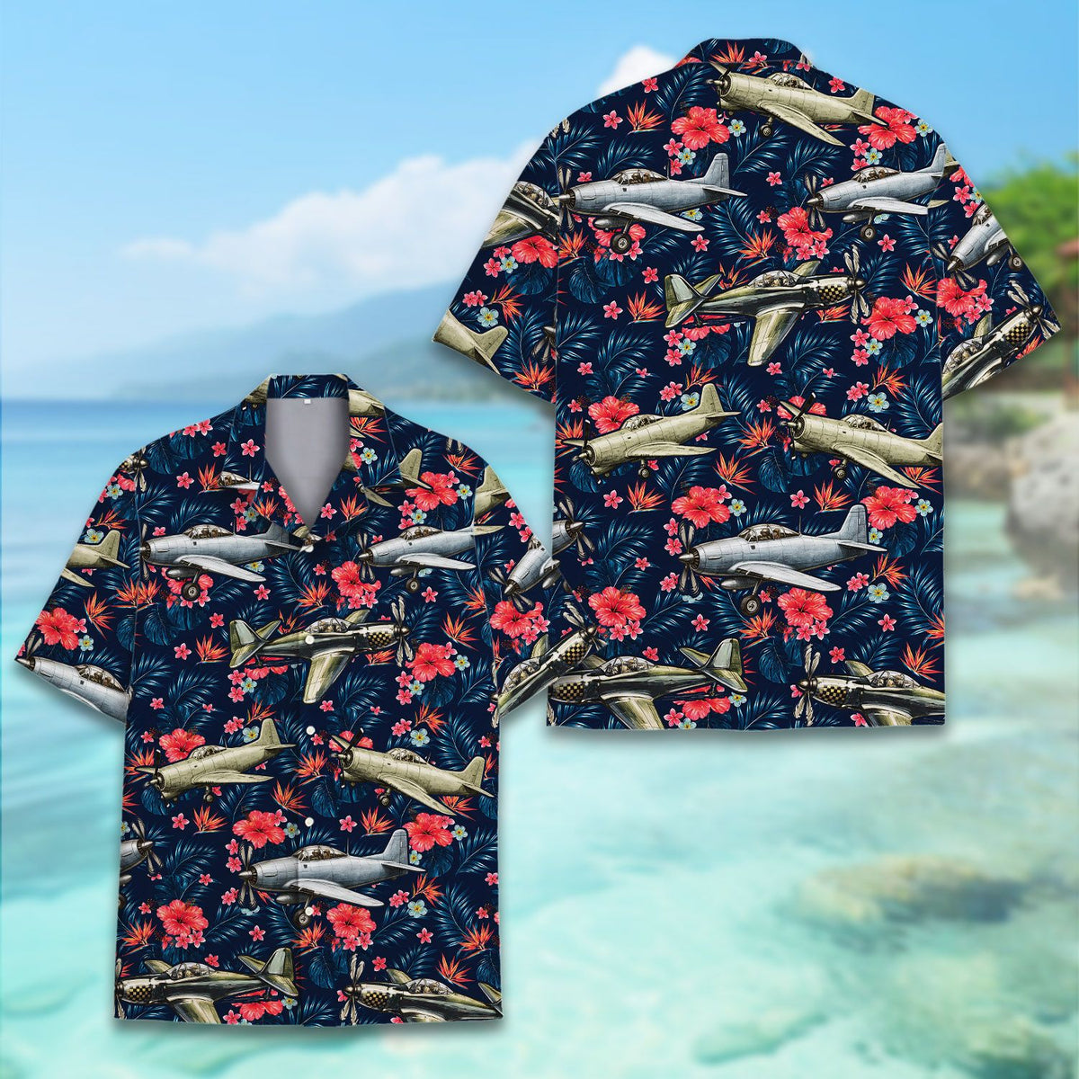 Third lifestyle view of the vintage airplane hawaiian shirt outdoors