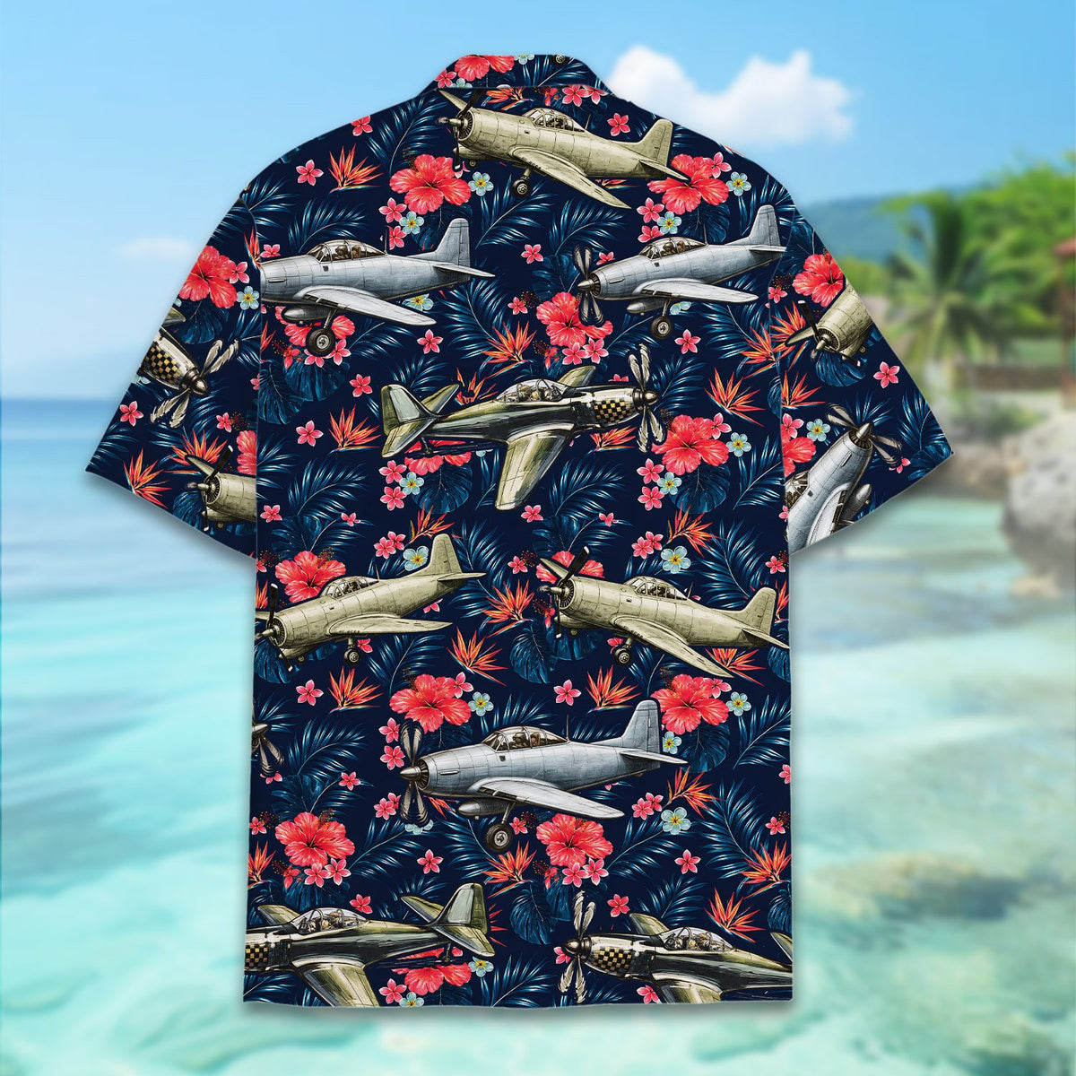 Fourth lifestyle view featuring the navy tropical hawaiian shirt