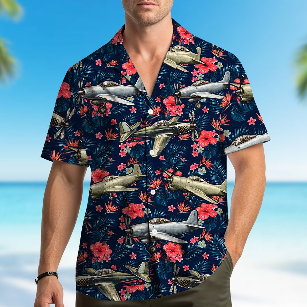 Lifestyle view of matching family hawaiian shirts in the aviation tropical design