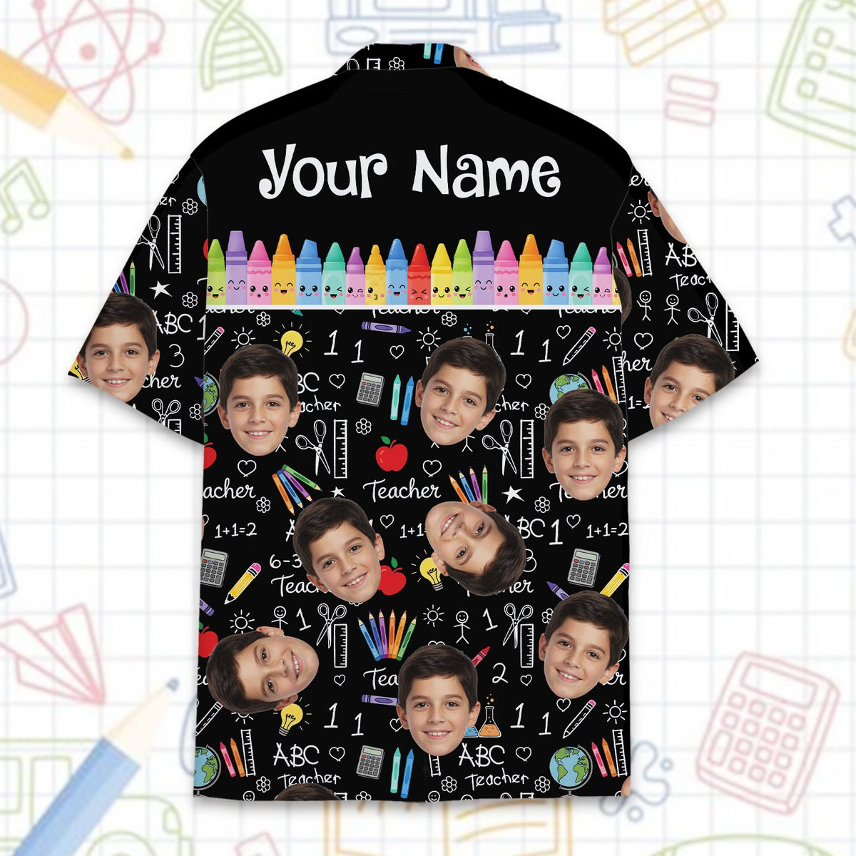 Back detail of personalized matching family hawaiian shirts with custom name text