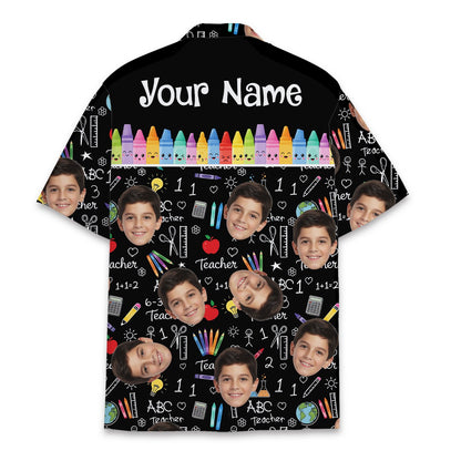 Back view of custom Hawaiian shirt showing colorful crayons and personalized name