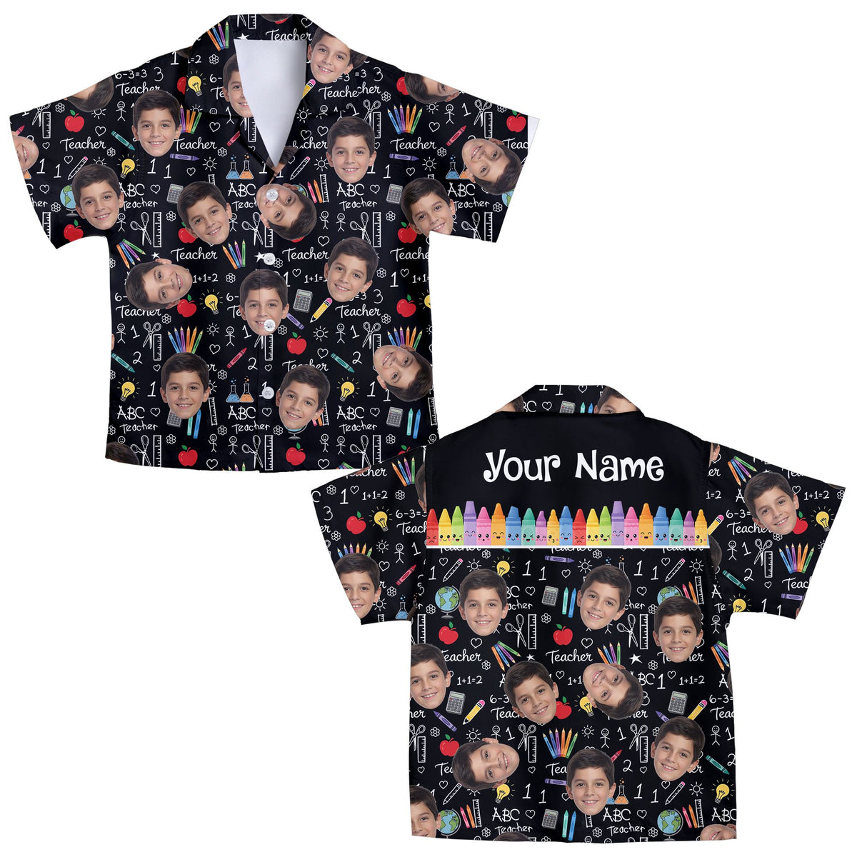 Front close-up of custom school-themed Hawaiian shirt featuring chalk doodle design