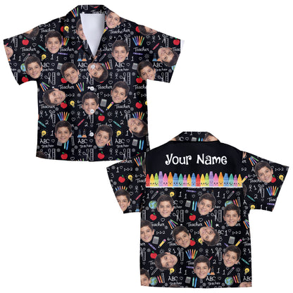 Front close-up of custom school-themed Hawaiian shirt featuring chalk doodle design