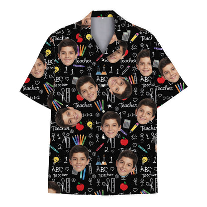 Front view of custom back to school Hawaiian shirt on a hanger