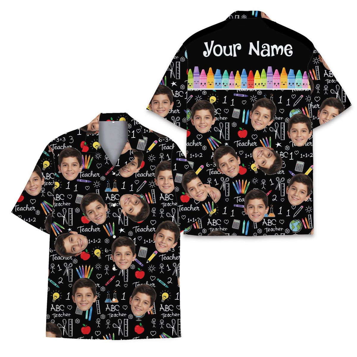 Front angle of the custom back to school family Hawaiian shirt
