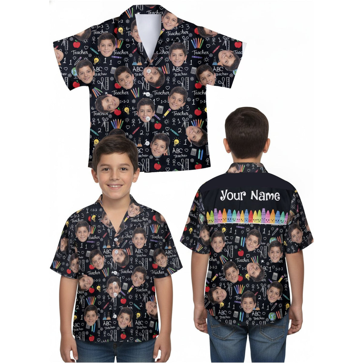 Custom black back hawaiian shirt with school doodles and photo personalization, main view
