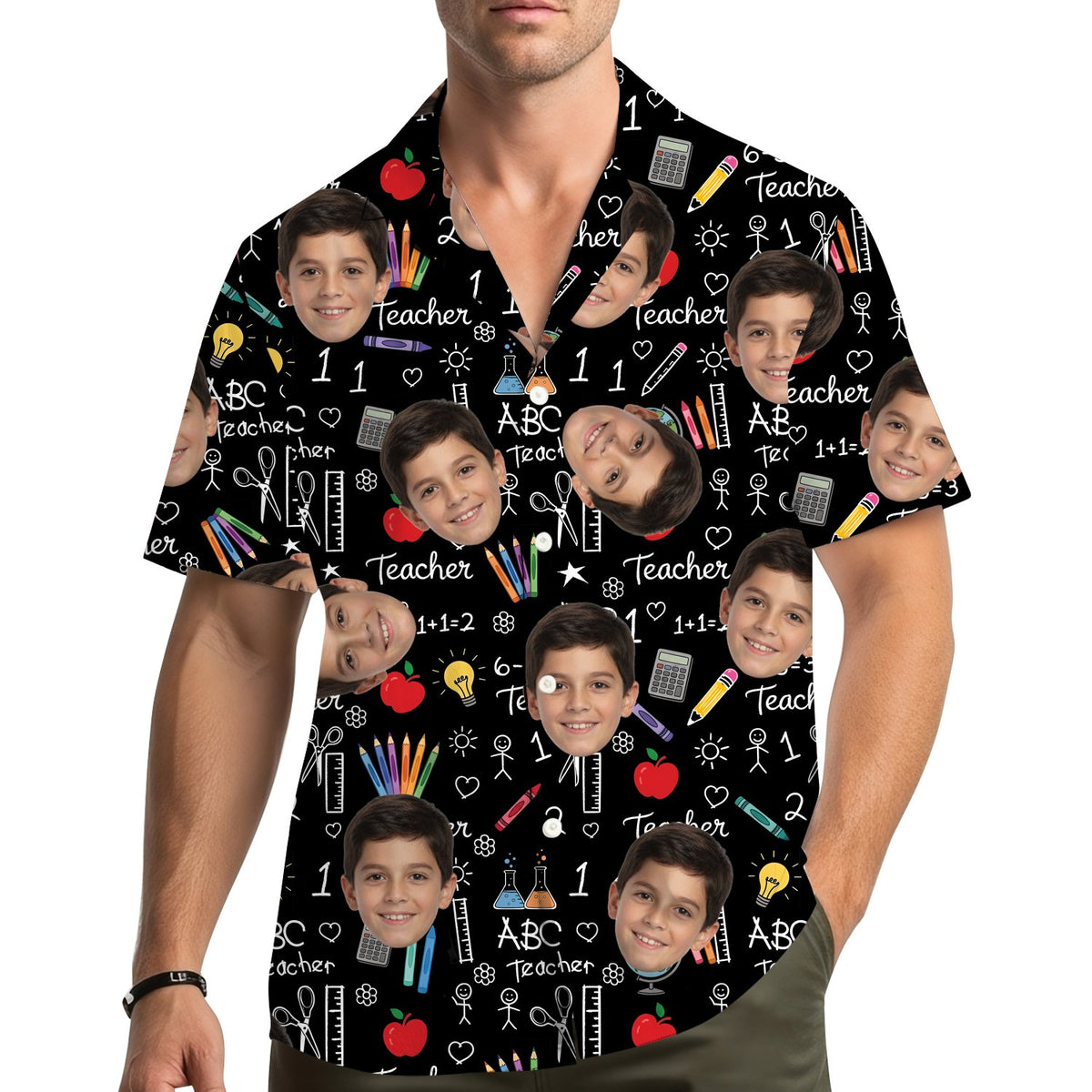 Lifestyle view of someone wearing the custom black back to school Hawaiian shirt