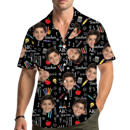 Lifestyle view of someone wearing the custom black back to school Hawaiian shirt