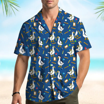 Back view of the blue back hawaiian shirt showing cartoon ducks
