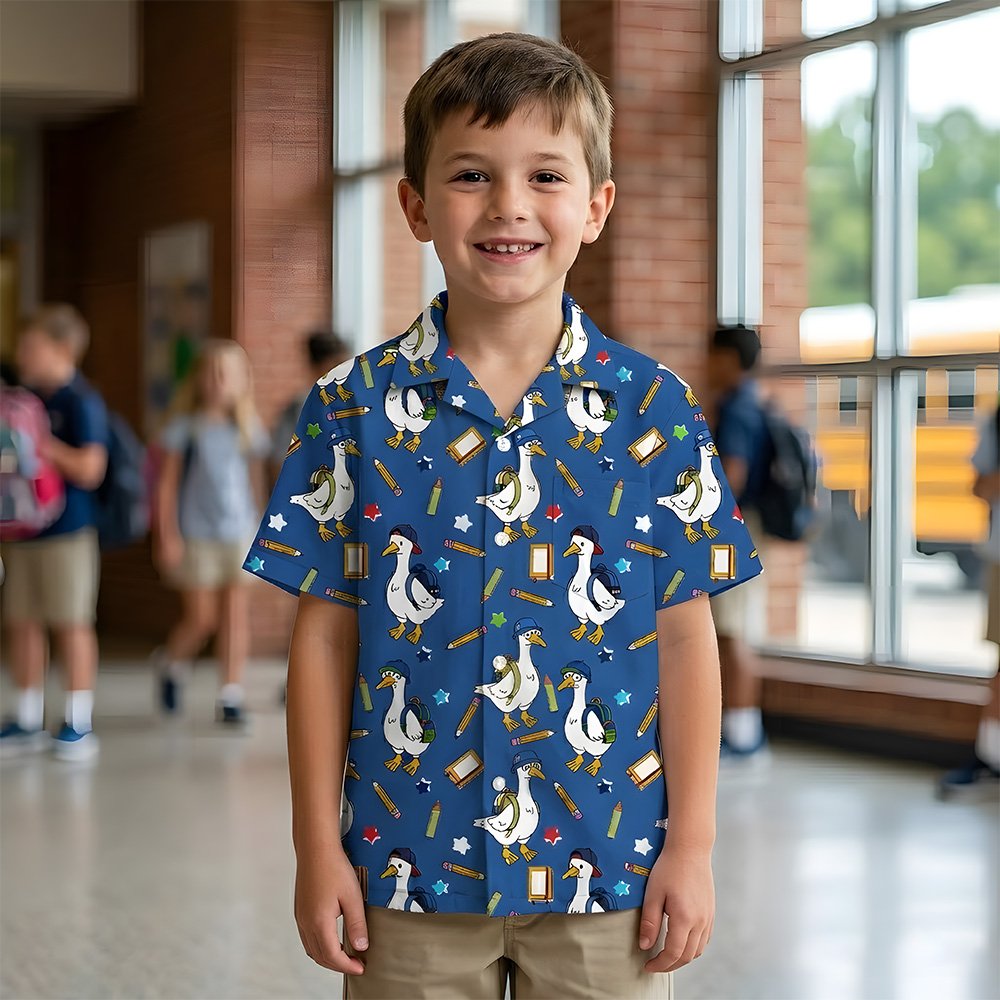 Second front view of the blue school hawaiian shirt