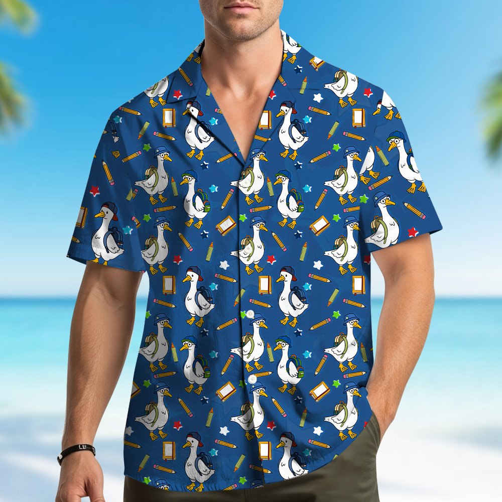 Front view of the matching family hawaiian shirts with duck pattern