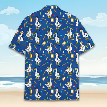 Fifth lifestyle view of the duck and school supply patterned shirt