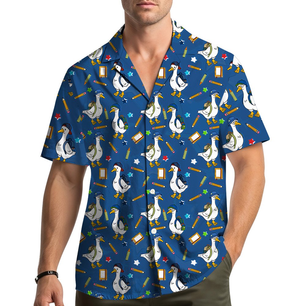 Lifestyle view of a family wearing the blue back hawaiian shirt
