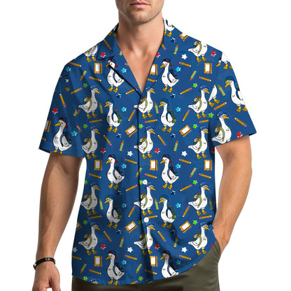 Lifestyle view of a family wearing the blue back hawaiian shirt