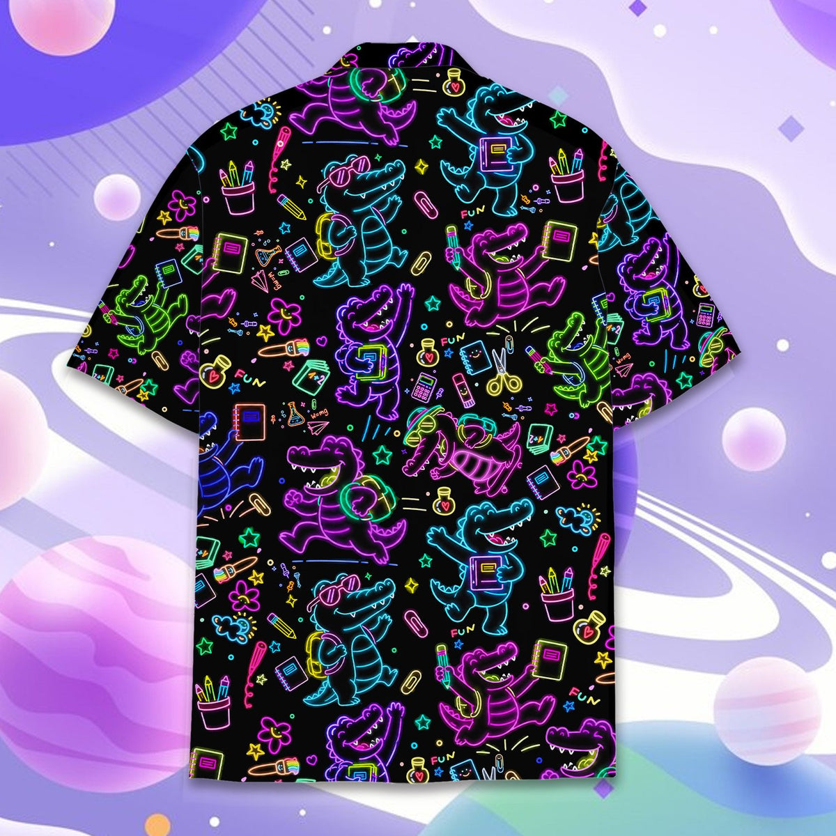 Back view of the back to school crocodile hawaiian shirt