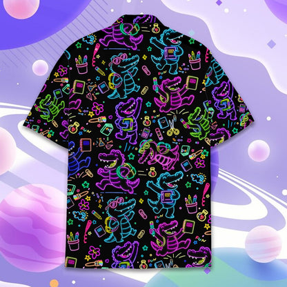 Back view of the back to school crocodile hawaiian shirt