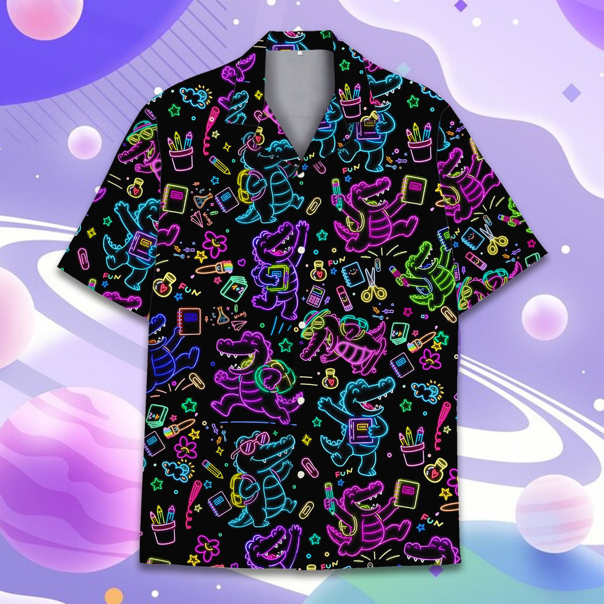 Front detail of the neon crocodile and school supplies pattern