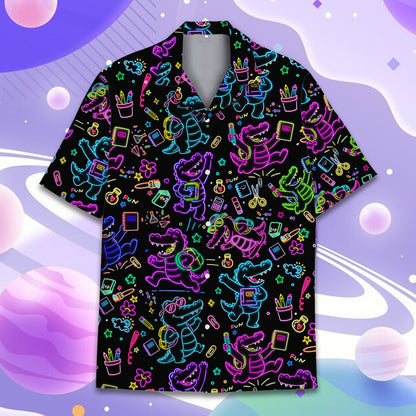 Front detail of the neon crocodile and school supplies pattern