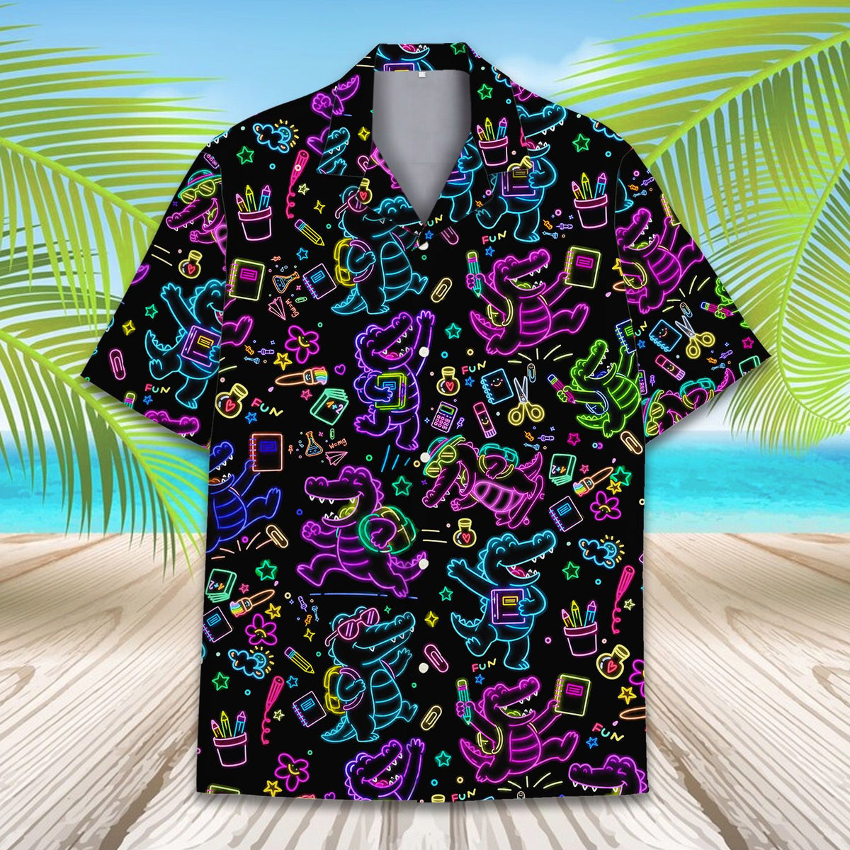 Close up front view of the black and neon hawaiian shirt
