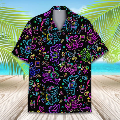 Close up front view of the black and neon hawaiian shirt