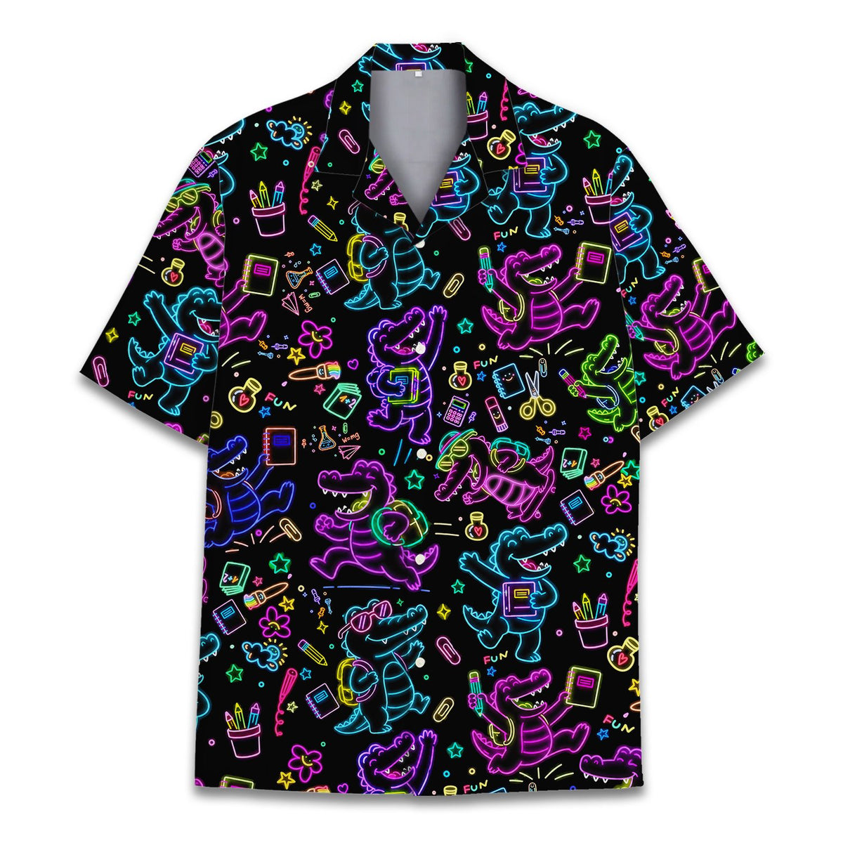 Angled front view of the back to school crocodile hawaiian shirt