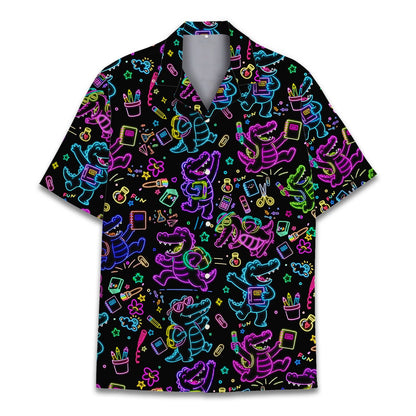 Angled front view of the back to school crocodile hawaiian shirt