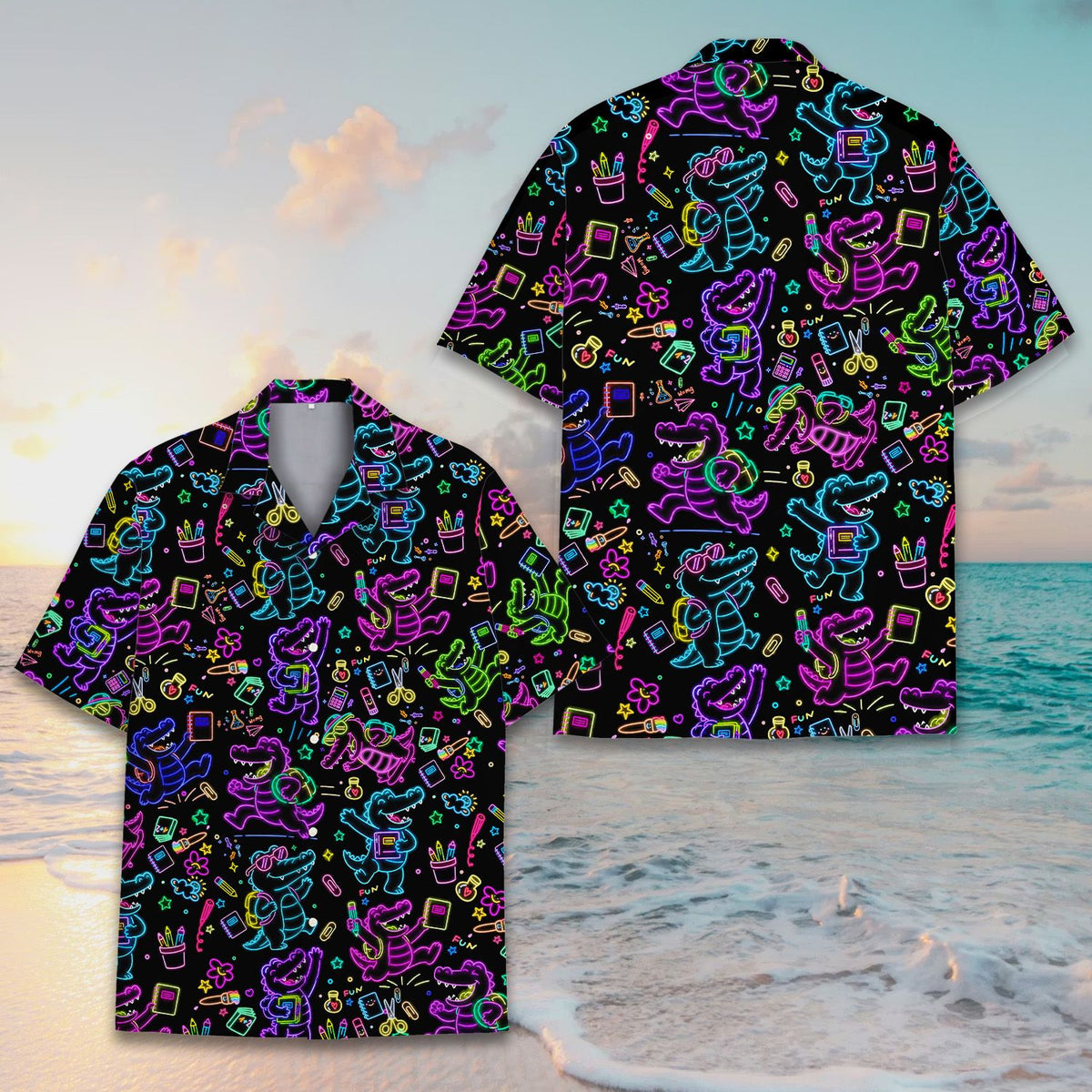 Another front angle showing the button-down style and neon graphics