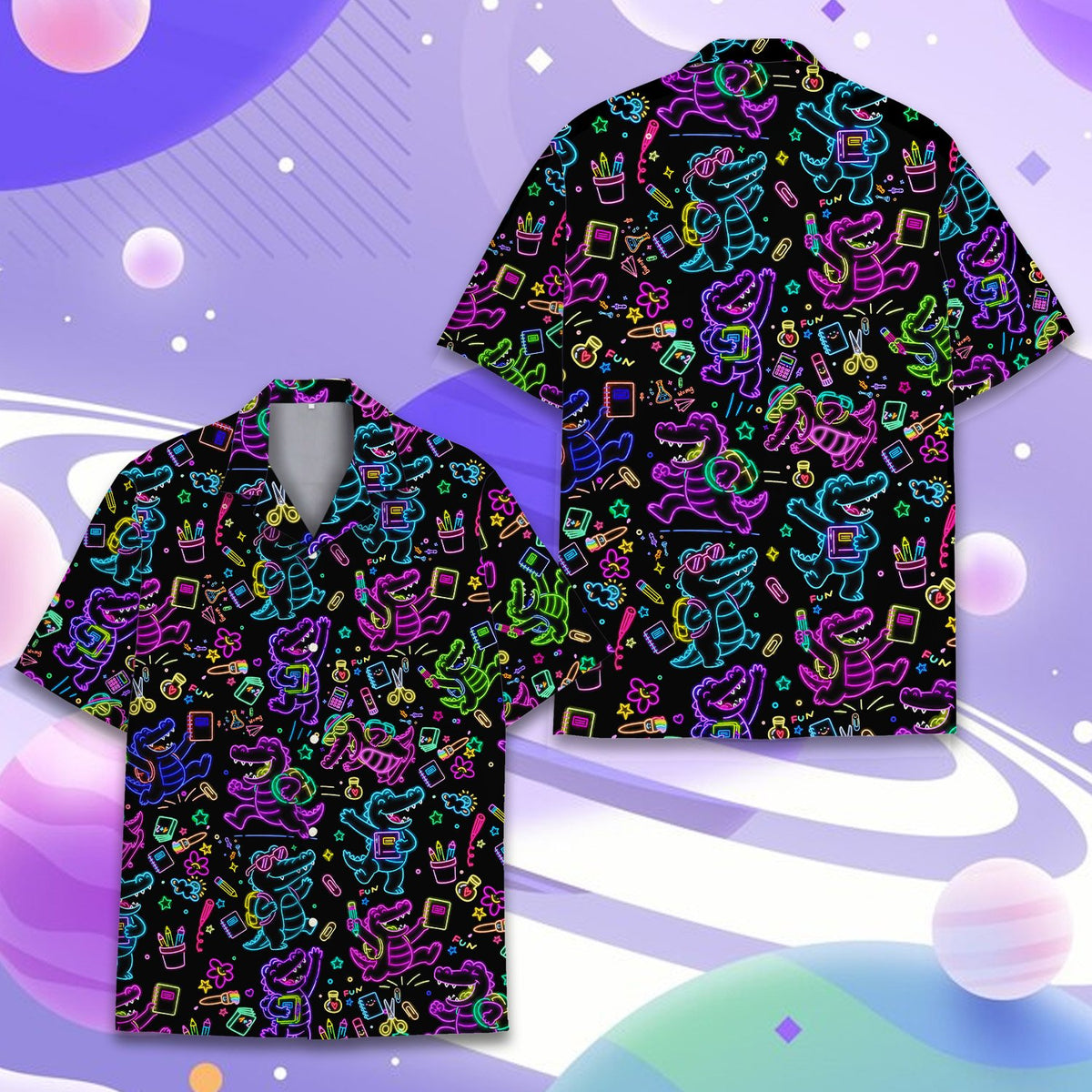 Front view of the matching family hawaiian shirts with crocodile design