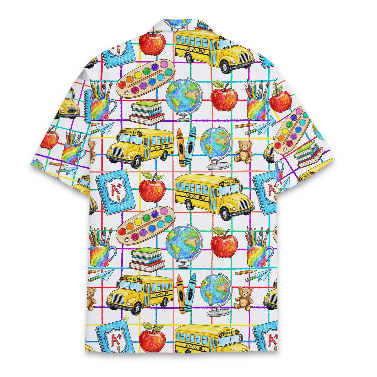 Close up back view of the school theme hawaiian shirt