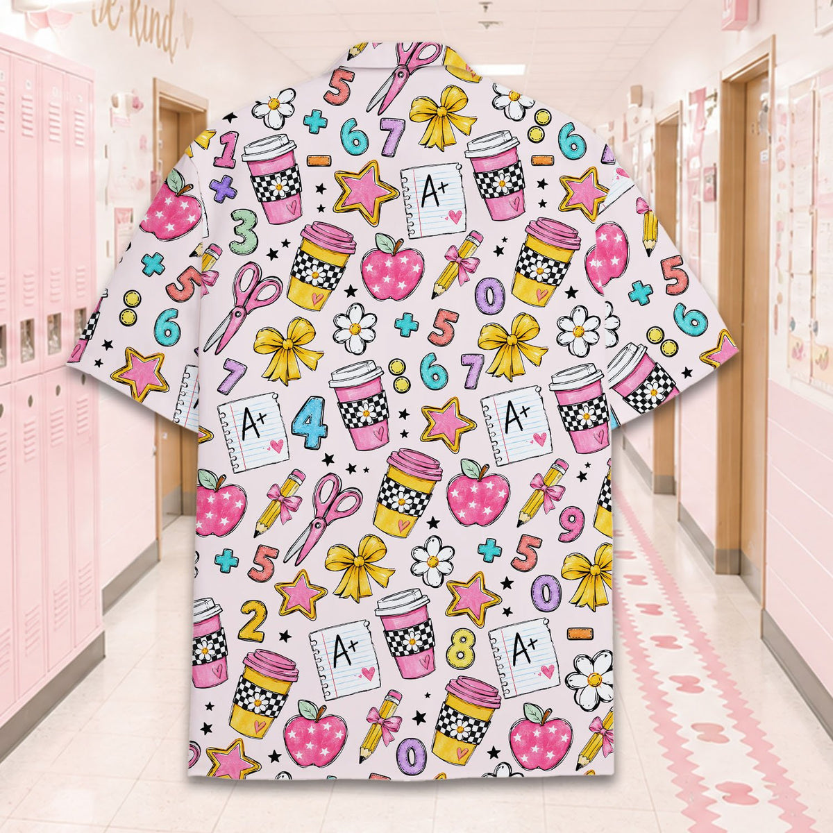 Light pink back to school hawaiian shirt featuring school-related doodles, back view detail