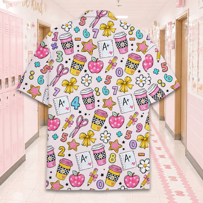 Light pink back to school hawaiian shirt featuring school-related doodles, back view detail