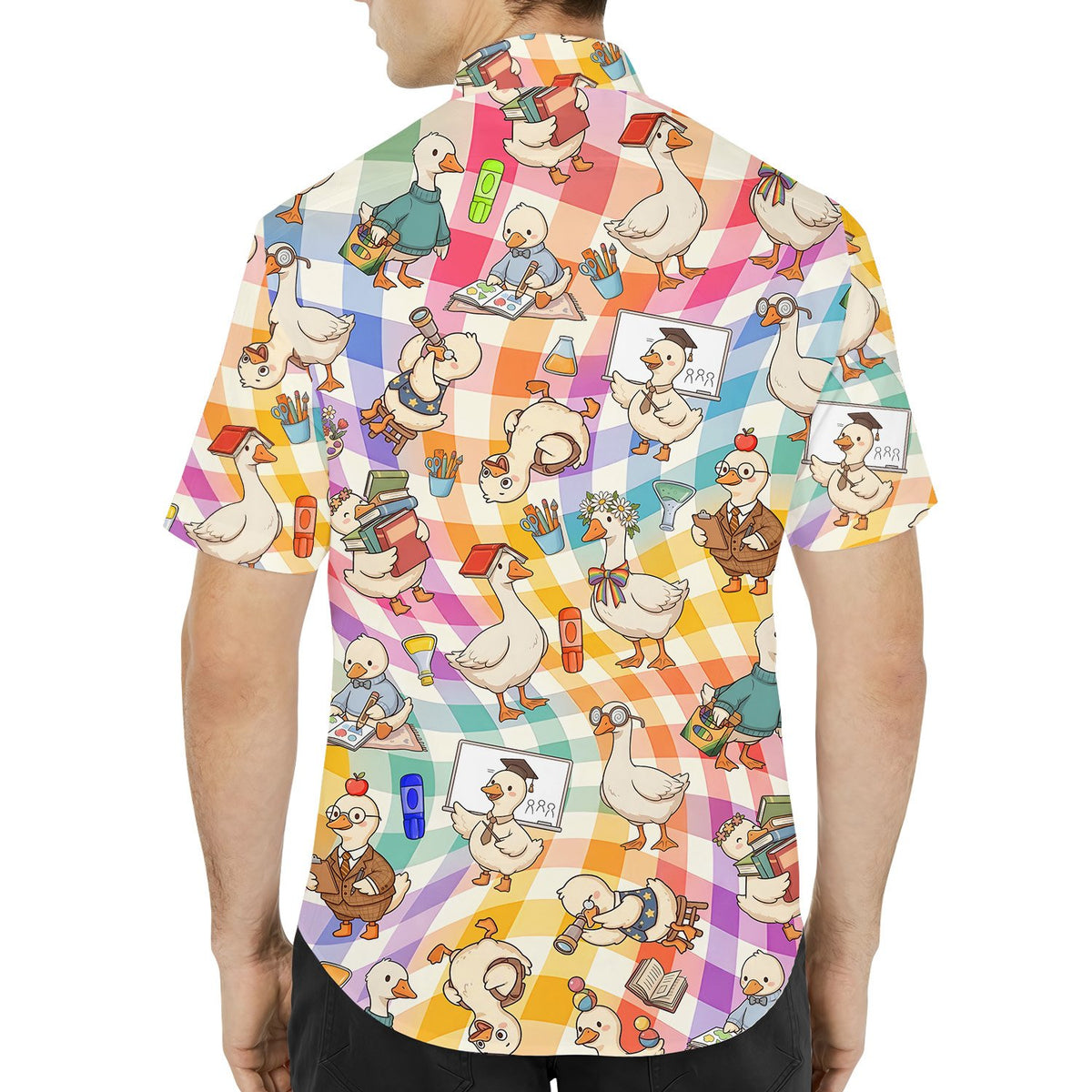 Multicolor back hawaiian shirt featuring back-to-school ducks, back view 2