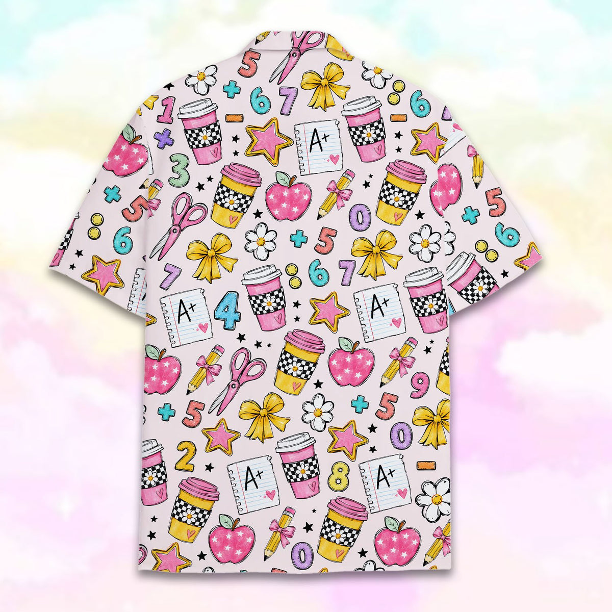 Light pink back to school hawaiian shirt featuring school-related doodles, alternate back view