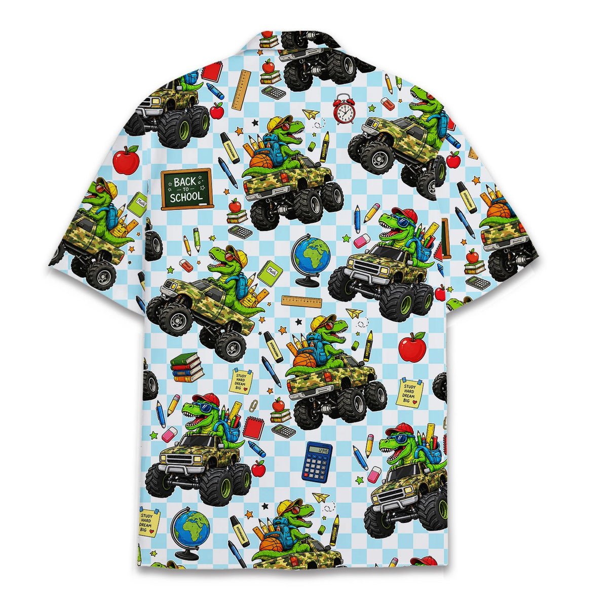 Back view of the matching family hawaiian shirt with dinosaur and checkerboard print