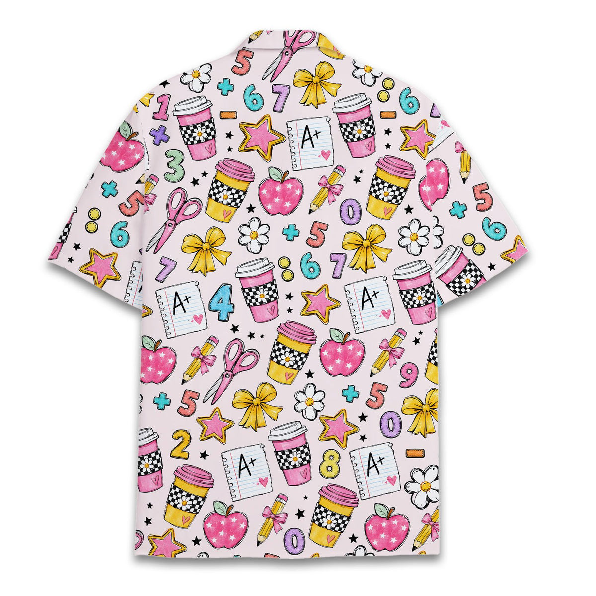 Light pink back to school hawaiian shirt featuring school-related doodles, back view