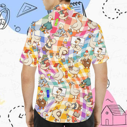 Multicolor back hawaiian shirt featuring back-to-school ducks, back view