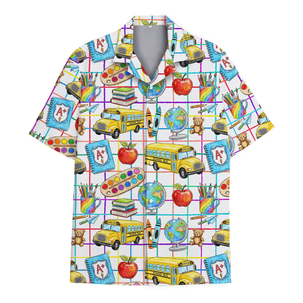 Close up front view of the white school hawaiian shirt