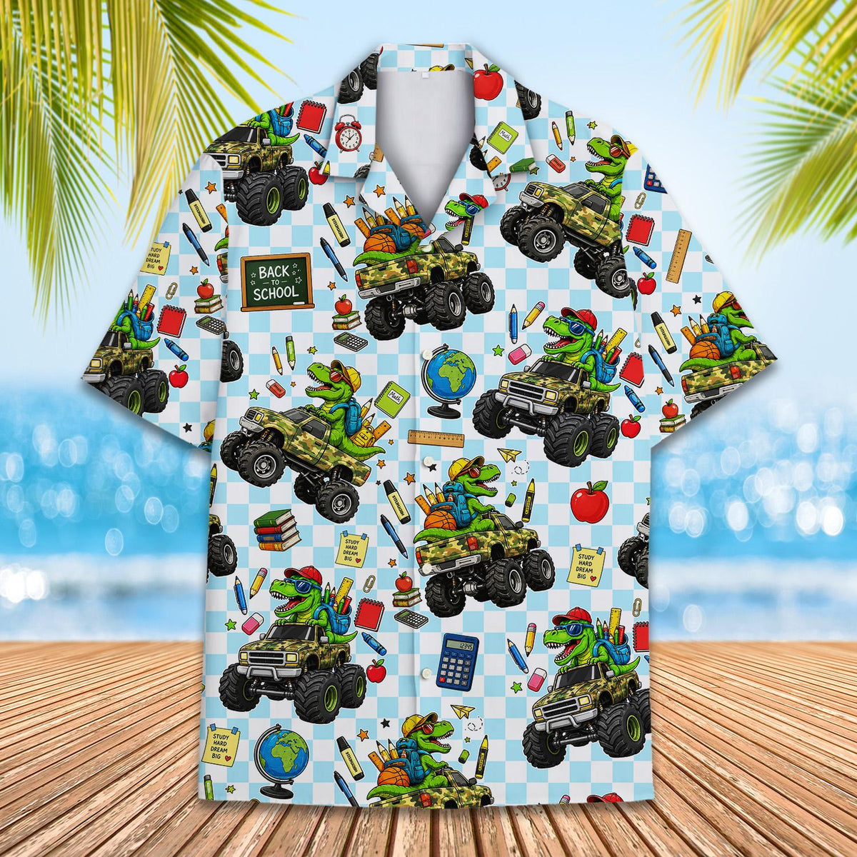 Close up front view of the dinosaur monster truck hawaiian shirt