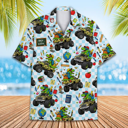 Close up front view of the dinosaur monster truck hawaiian shirt